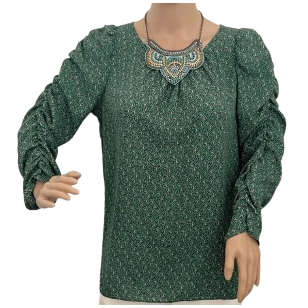 Max Studio Forest Green Blouse with Gathered Sleeves and Dotted Pattern - Size S
